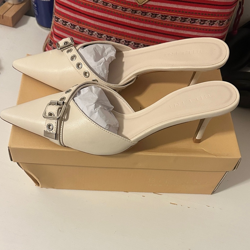 Billini Cream Heels with Silver Buckle